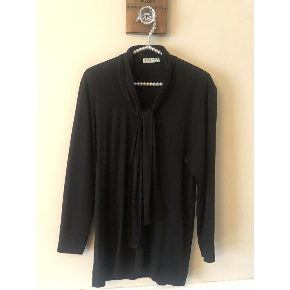 Vintage Jaeger Womens Size M Black Long Sleeve Tunic Top Tie Neck Wool Blend